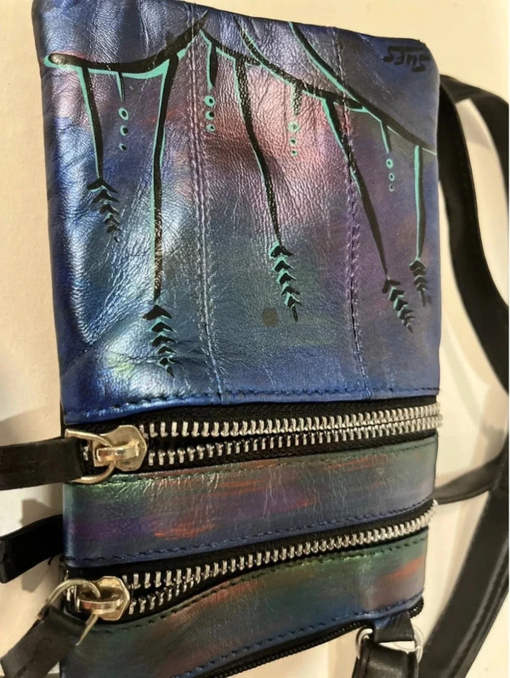 Vintage Sues Handpainted Crossbody Bag Purse Signed Metallic Blue 7”